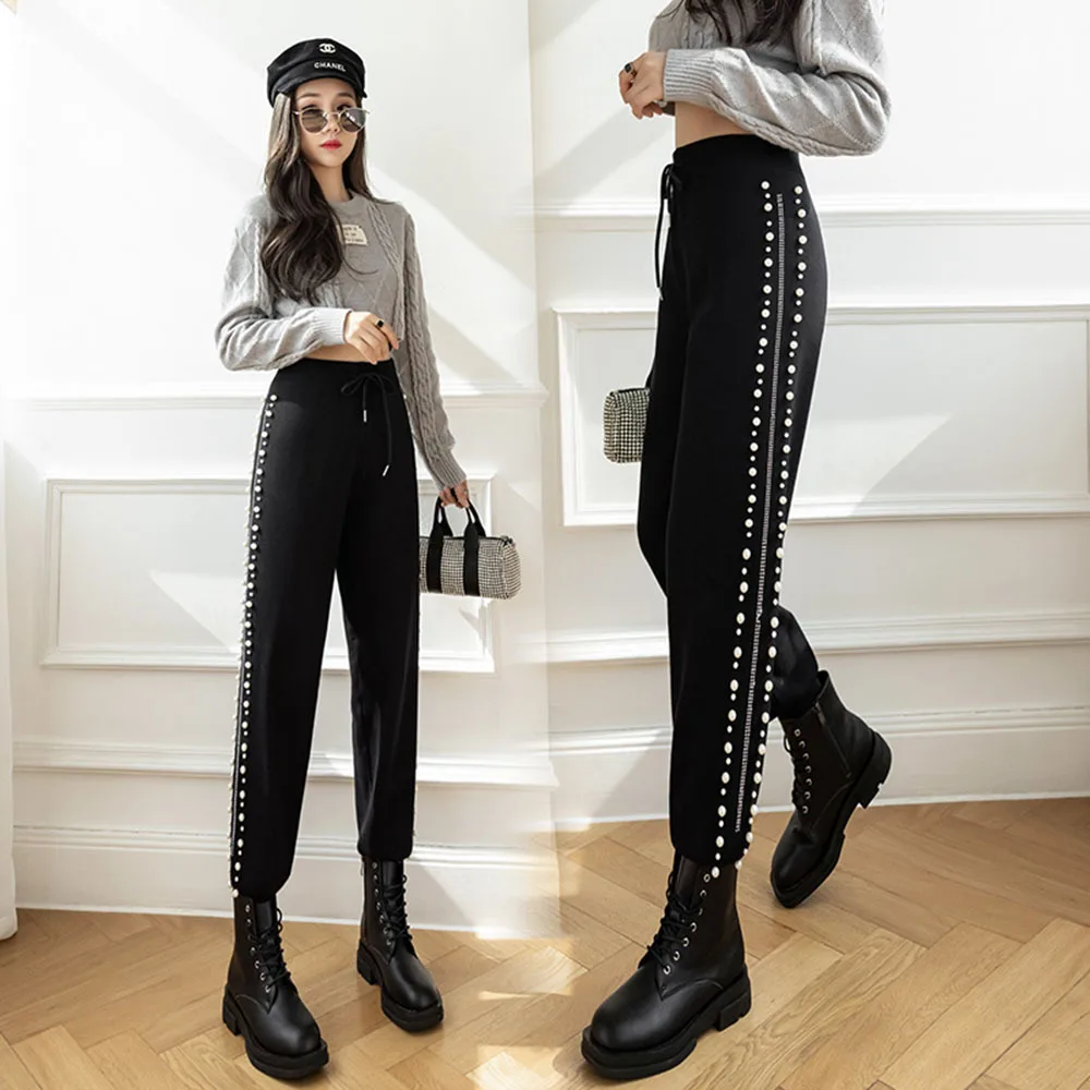 Women Pants Spring Autumn Knitted Trousers Harem Women's Beaded Loose Pantalones De Mujer | Женская одежда