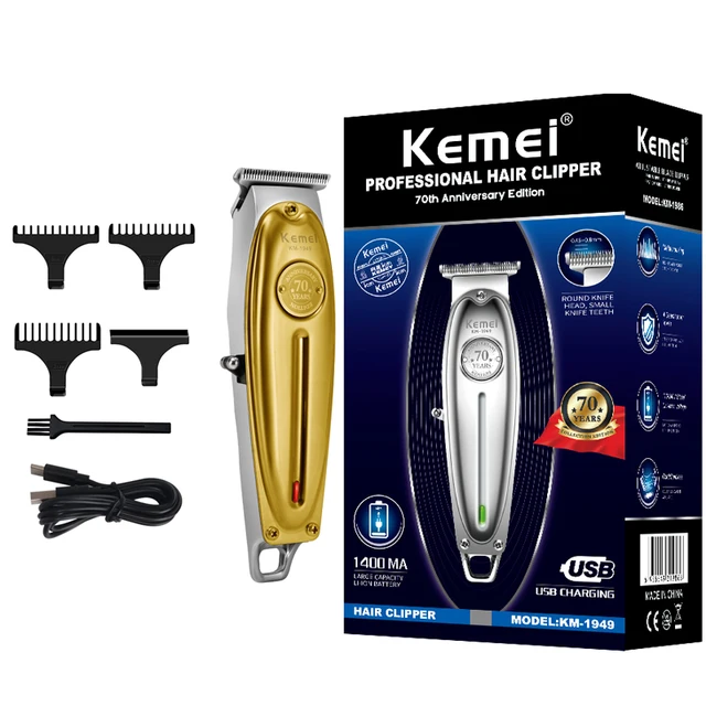 Kemei Professional Hair Clipper All Metal Men Electric Cordless Hair Trimmer 0mm Baldheaded T Blade Finish Haircut Machine 1949 Gold with box