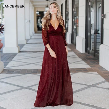 

JANCEMBER EP00739 Somple Summer New Style V-Neck Three Quarter Sleeve Sexy Split Ends Evening Dress 2020 A-Line Вечернее платье