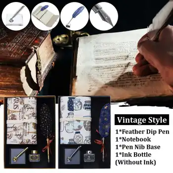 

Retro Starry Feather Pen + Pen holder +Ink Bottle + Notebook Set birthday wedding party gift Stationery Gift Box