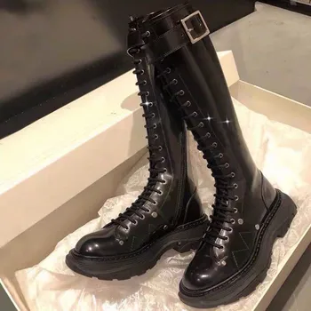 

Shoes Women Platform Knee High Boots Black Leather Round Toe Lace-Up Motorcycle Boots Zipper Boots zapatos de mujer 2019 Winter
