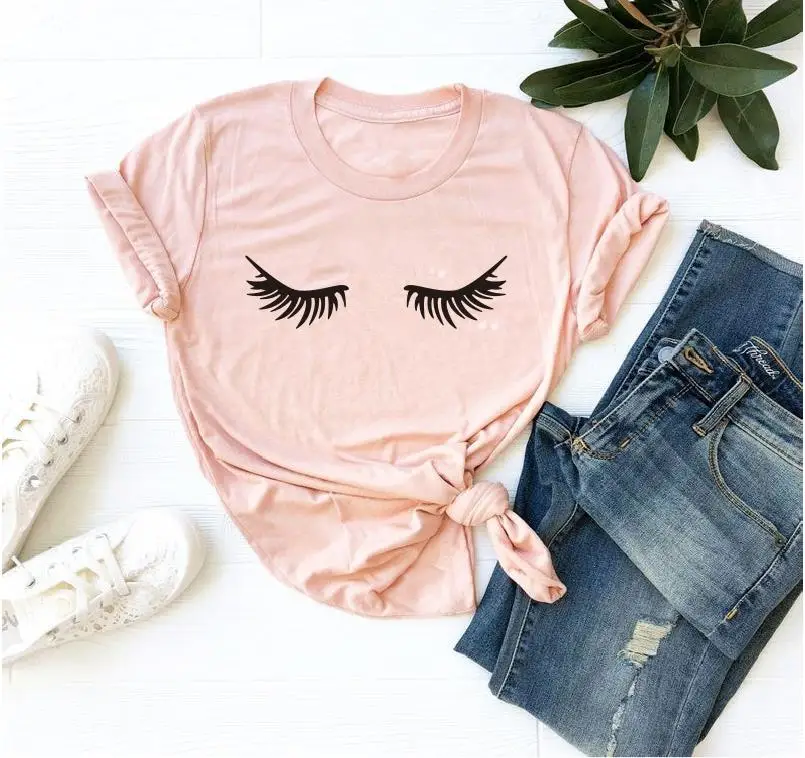 Дизайнерская футболка с принтом ресниц, повседневный летний женский топ с коротким рукавом, милый женский Топ Harajuku Tumblr, женская футболка, Прямая поставка - Цвет: pink t black words