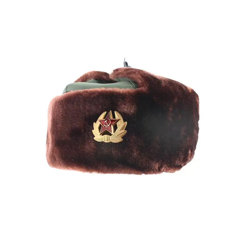 Soviet Army Military Badge Russia Ushanka Warm Hats Men Caps Rabbit Winter Thick Fur Hats Faux Women Warm Outdoor Earflap E9H6 warmest bomber hat