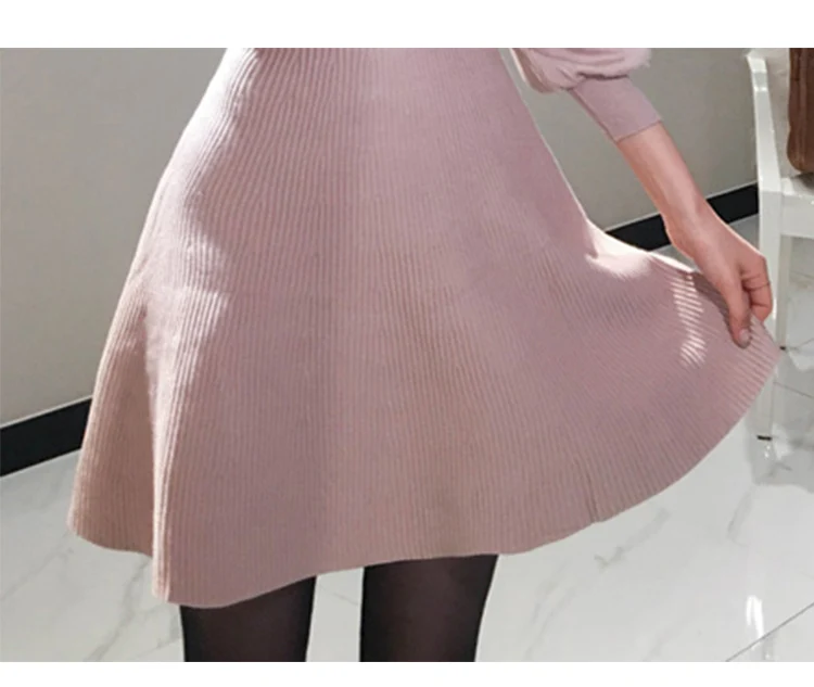 Elegant Lantern Sleeve Draped Knitted Dress Women Lace Patchwork Petel Sweater Mini A-Line Dress Autumn Winter Sweater Dresses