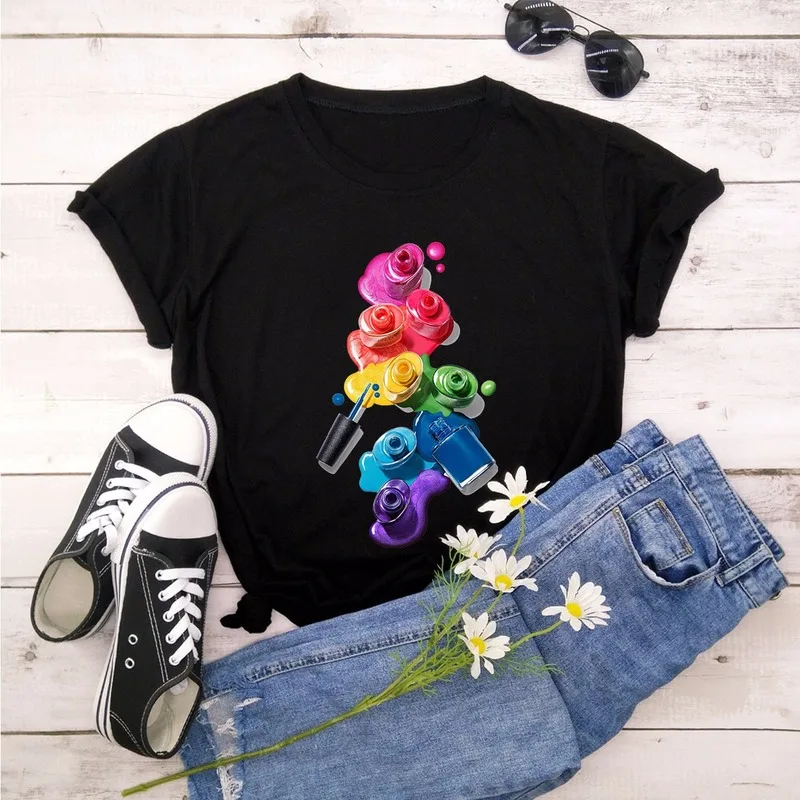 Summer Cotton Women T-Shirt 5XL Plus Size Cute 3D Finger Nail Paint Color Print Short Sleeve Tee Tops Casual O-Neck TShirt | Женская