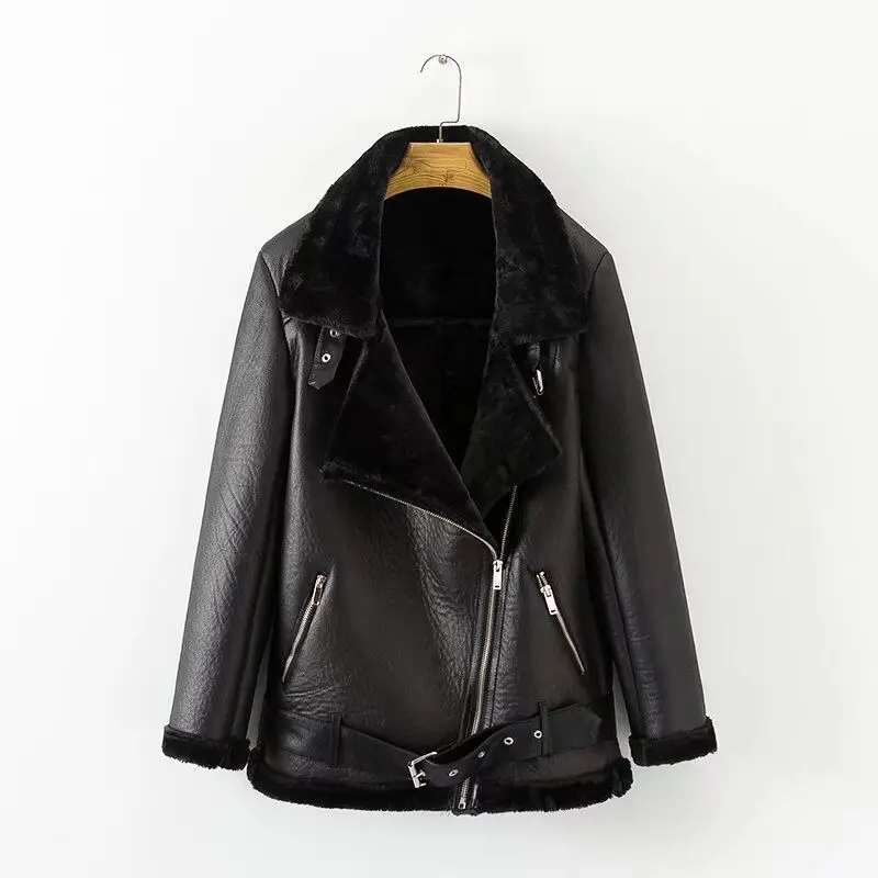 Promo  2019 AOEMQ Retro New Lapel and Velvet Padded Fur One Coat Warm Fashion PU Leather Lamb Hair Motorcy