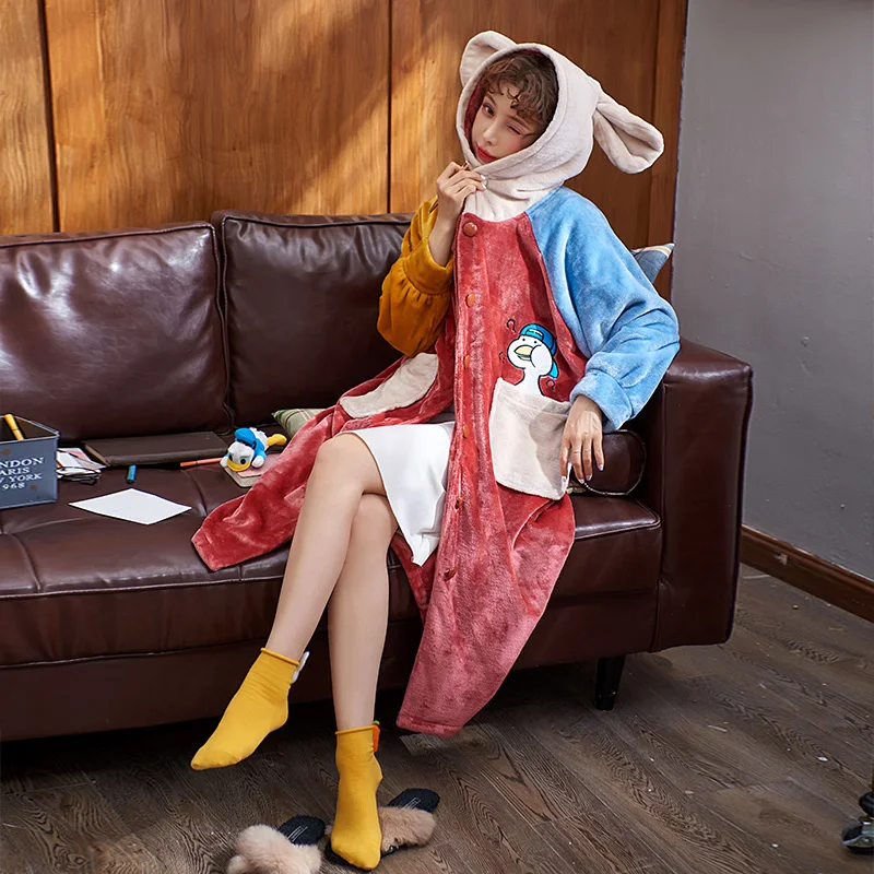 

2019 New Sweet Cute Duck Cloud Embroidered Plus Size Robe Winter Warm Lingerie Bathrobe Thick Soft Kimono Kawaii Dressing Gown