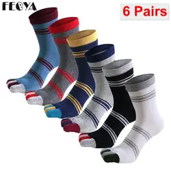6 пар/лот хлопчатобумажные мужские носки с пятью пальцами Разноцветные полосатые осенне-зимние носки с круглым вырезом Дышащие длинные