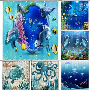 

Ocean Dolphin，Sea Turtle，octopus Deep Sea Animal Polyester Shower Curtain Bathroom Waterproof Fabric with Hooks Bath Mat Set