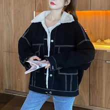 Women's Denim Parkas Winter Loose Plush Warm Coat Casual Cardigan Single-Breasted Long Sleeve Koreaanse Turn-down Collar Coat