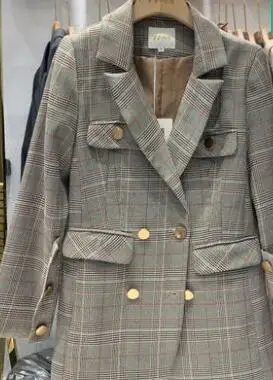 autumn and winter new loose long-sleeved lacing waist long section retro plaid suit jacket female - Цвет: Серый