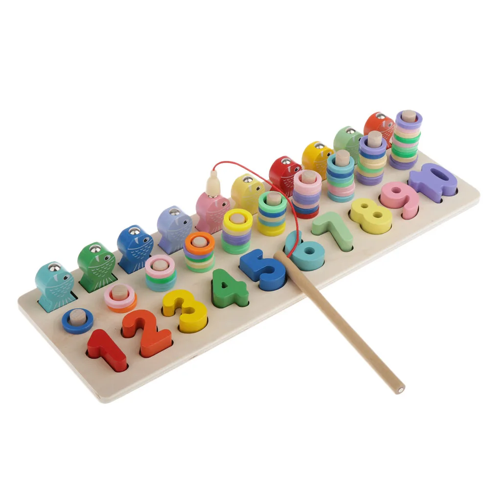 Montessori Wood Blocks Shape Sorter Number and Stacking Learning Educational Toys, Kids Children Fishing Toy