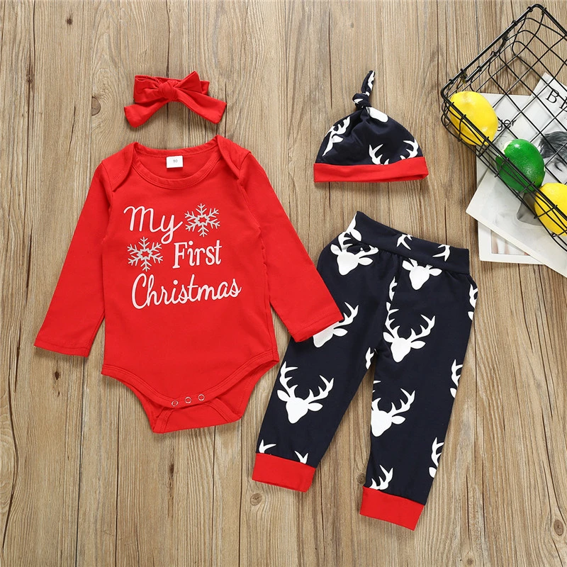 

4 PIECES Cotton Suit Christmas Newborn Boy Girls Letter Top Deer Cartoon Print Long Sleeve Tops Pants Clothing Sets