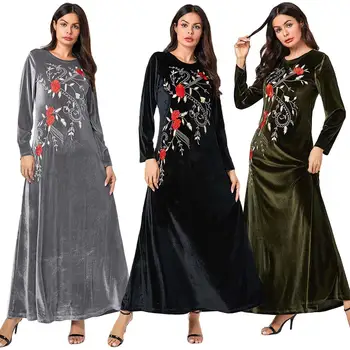 

Autumn Winter Abaya Velvet Floral Muslim Long Dress Women Embroidery Maxi Robe Kaftan Jilbab Arab Islamic Clothing 2019 Fashion