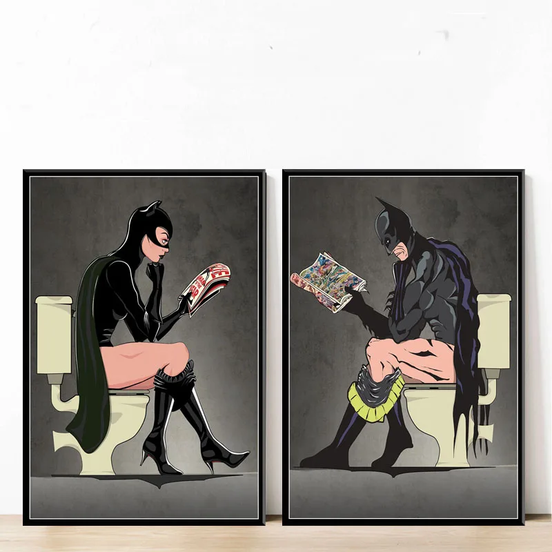 

G185 Art Decor Batman Watching Paper The Superhero On The Toilet Superhero Normal Life Wall Art Canvas Painting Silk Poster