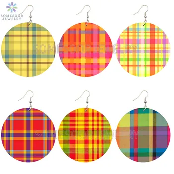 

SOMESOOR Afro Bohemian Tartan Seamless Plaid Wooden Drop Earrings Both Sides Printed Cute Women Loops Dangle For Christmas Gifts