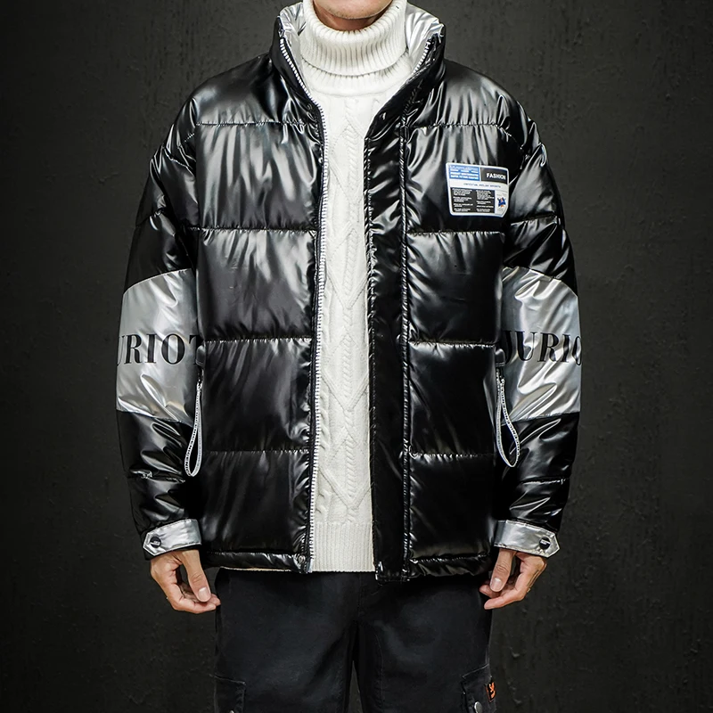 

Patchwork Sleeve Puffer Jacket for Men Winter Warm Clothes Korean Fashion Stand Collar Padded Mens Fluffy Bubble Coat Streetwear