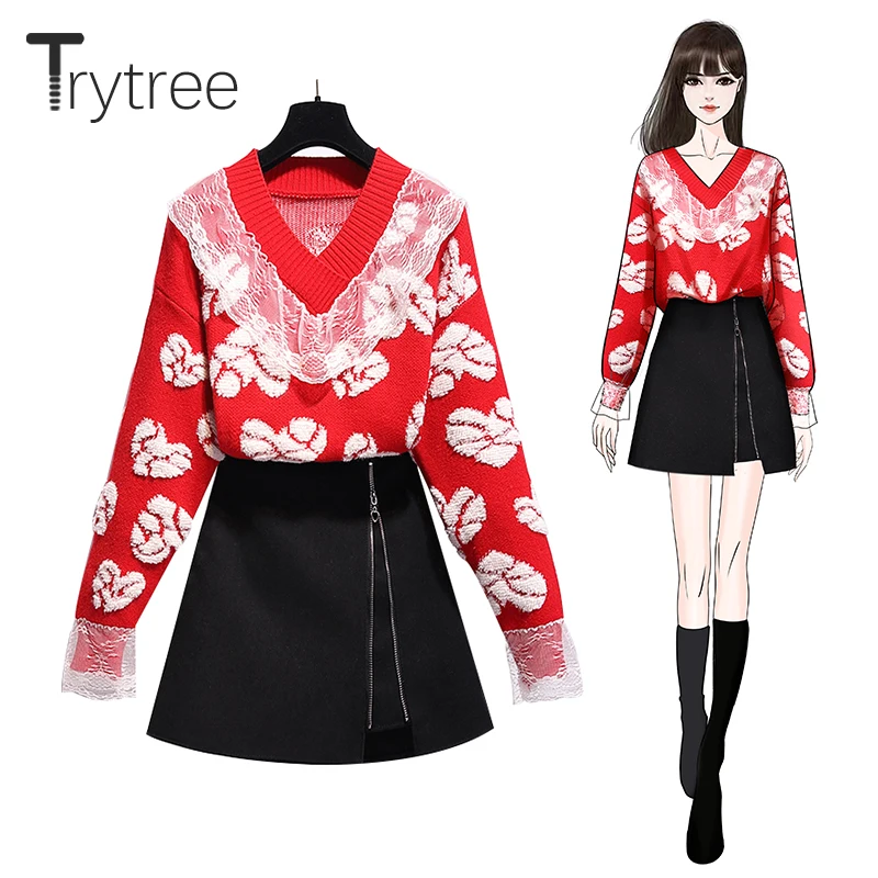 Trytree 2019 осенне-зимний комплект из двух предметов повседневный кружевной топ с