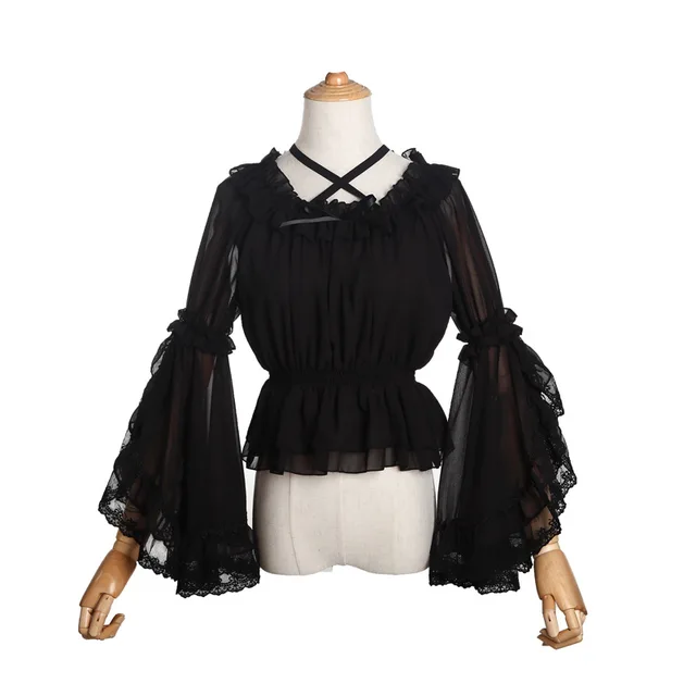 2020 Chiffon Lolita Lace Blouse Strap Under Shirt Halter Neck Off Shoulder Women Long Flounce Tops Bell Sleeves For Plus Size 6