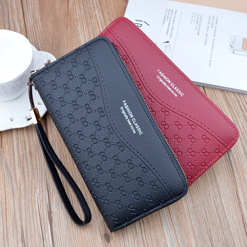 Women Long Wallet Wristband Female Many Departments Zipper Purse Checked Embossed Wallets Phone Pocket Card Holder Ladies Clutch