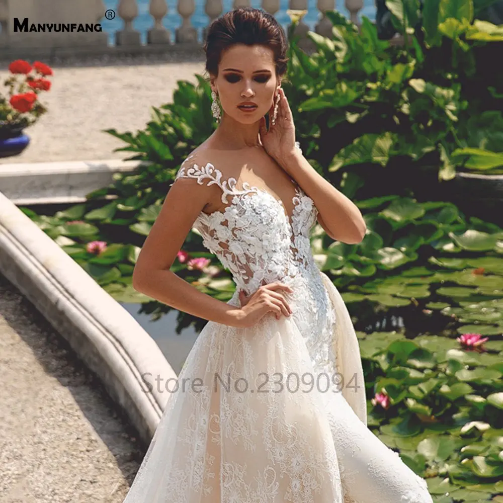 MANYUNFANG светильник цвета шампанского vestido novia boho полный кружева robe de mariee boheme 2 в 1 съемный Шлейф Свадебное Платье