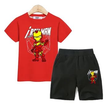 

Cartoon Iron Man Children Clothing Boys Summer Short Sleeve Suit Anime Hero Print Set Fashion Boy Costumes Kid Tee 2 Piece Suit