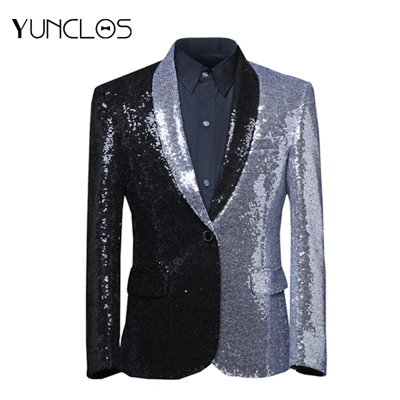 

Men's Green Fruit Collar Sequins Casual Blazer Stitching Color & Single Breasted Suit For Wedding &Party Slim Fit Coat