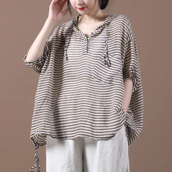 

[EWQ] 2020 New Pattern Hooded Short Sleeve Striped Print Cotton Linen Casual Pullovers T-shirt Women Fashoin Tide 3AJ91906
