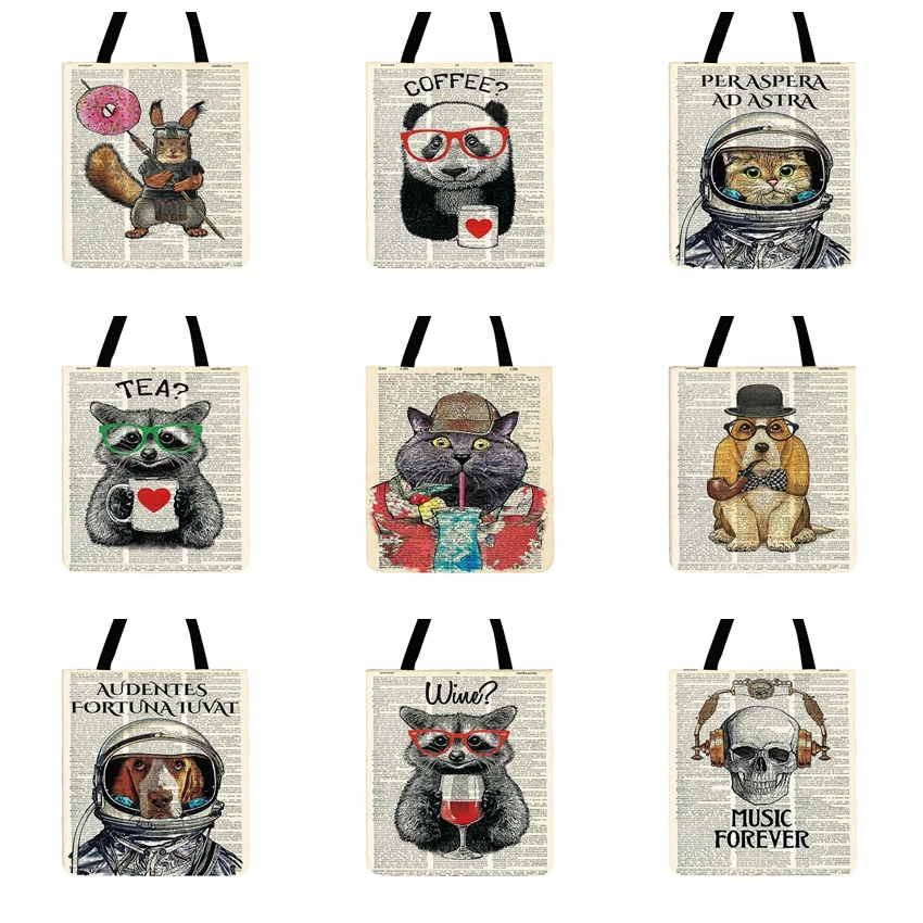 

Outdoor Beach Bag Totes Old Newspaper Animal Printed Tote Bag For Women Casual Tote Ladies Shoulder Bags Foldable Shopping Bag