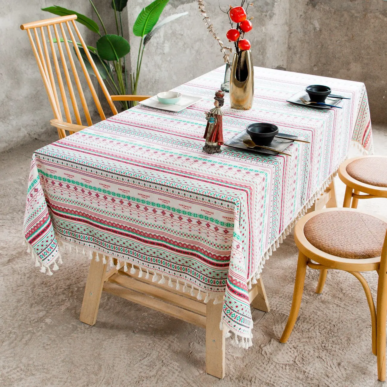 

1pc Home Decoration Bohemian Tablecloth Stripes Tassels Dining Table Cover Rectangle 140*220cm
