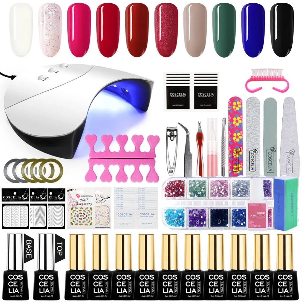 COSCELIA 36W UV LED Nail Lamp Full Nail Set With 10Pcs Nail Gel Polish Kit Soak Off Manicure Gel Polish For Nails Art Tools Set
