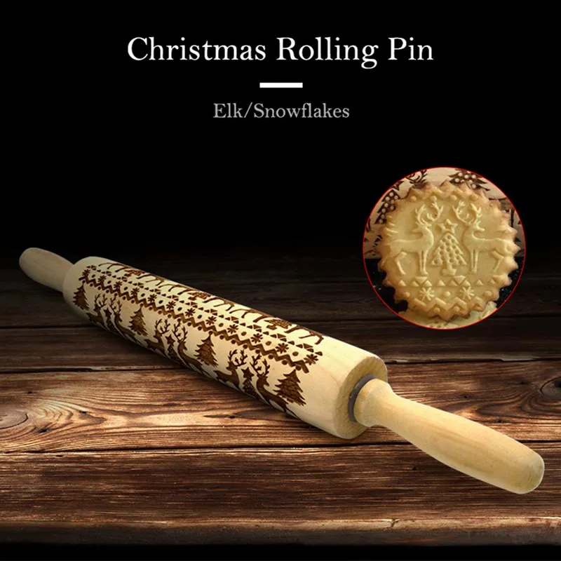 

Christmas Rolling Pin Engraved Elk Snowflakes Wooden Rolling Pin Embossed Baking Cookies Creative Carving Wood Kitchen Tools
