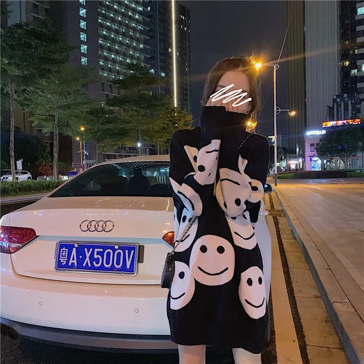 

Autumn 2019 Black Sweater Dresses New Women Lovely Smile Face Loose Knitted Sweaters O-Neck Pullovers Sweater Women