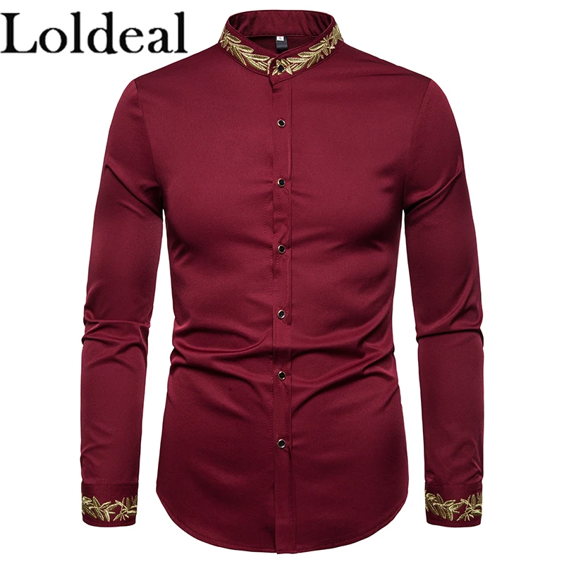 Рубашка Loldeal Maroon Koko Мужская модная рубашка с вышивкой стильная воротник Генри