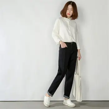 

Women Autumn Black Vintage Plus Size Jeans Bleached High Waist Denim Harem Pants Slim Cuff Loose Students Trousers