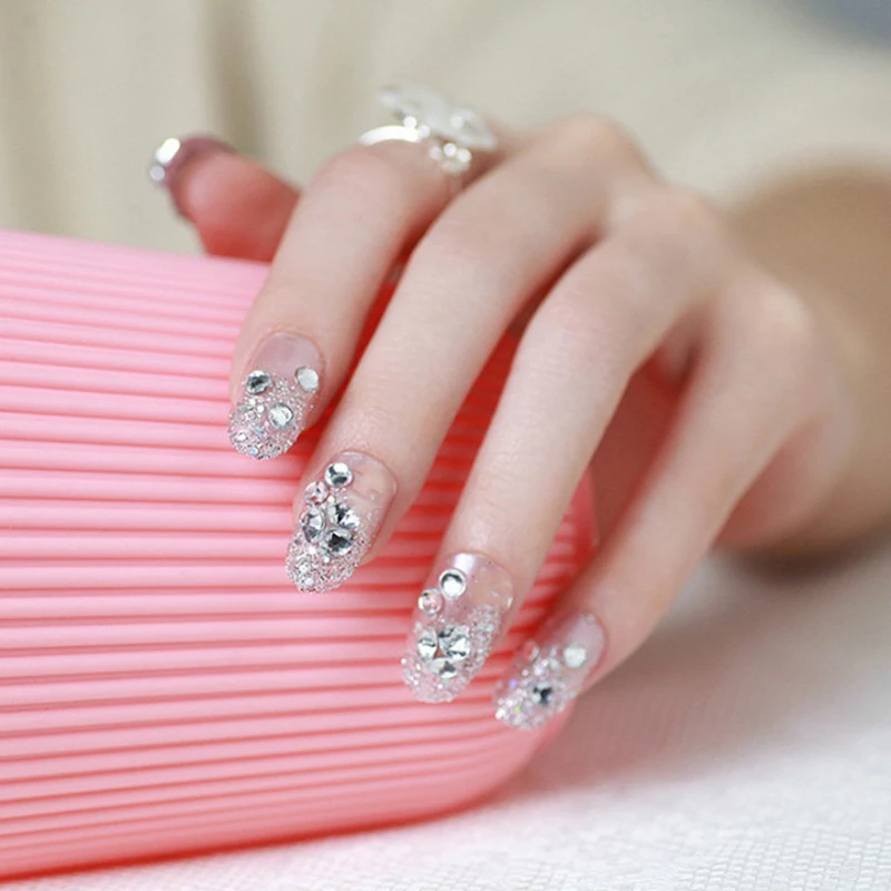 24Pcs Wedding Rhinestone False Nails Square Full Short Fake Nails Bride