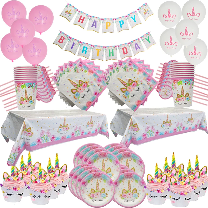 

Joy-Enlife 93pcs/set Unicorn Birthday Party Decoration Disposable Tableware Kit Unicorn Balloon Cups Plates Napkin Baby Shower