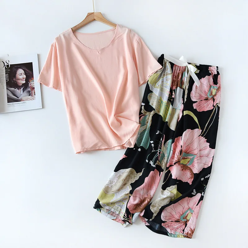 Women Comfort Rayon Pajamas Set 2Pcs Loose Thin Wide Leg Floral Printed Short Sleeve + Pants Spring New Ladies Household Sleepwear women pajamas set women pajama suit