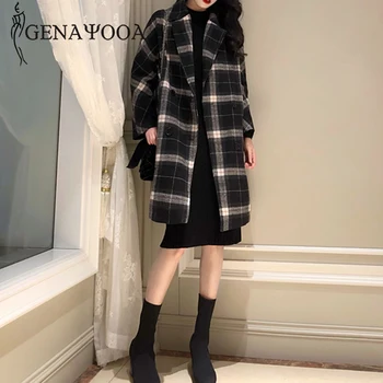 

Genayooa Plaid Long Coat Women Outwear Autumn Winter Wool Coat Women Long Sleeve High Quality Coats And Jackets Women 2020 New