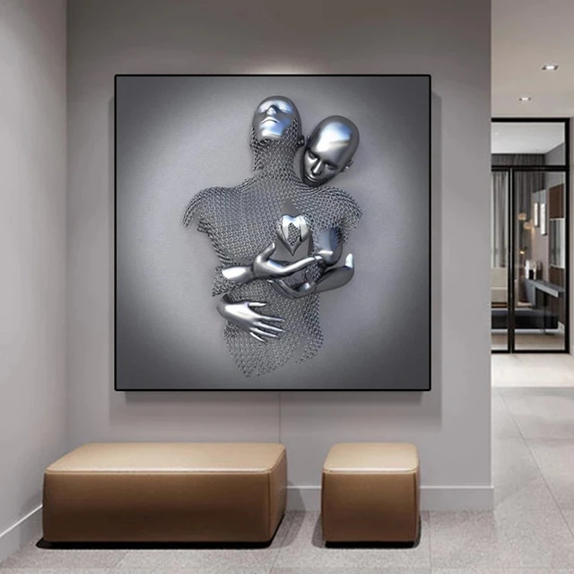 Love Heart Gray-3d Art Wall Metal Figure Sculpture Couple Hanging Painting  For Home