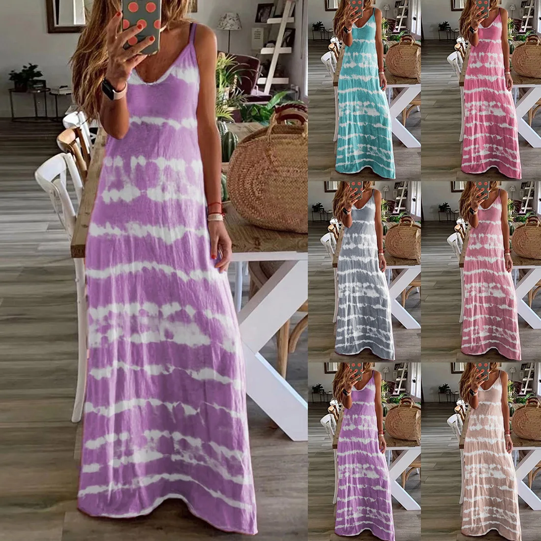 CYSINCOS Women O-Neck Midi Dress Summer Beach Sundress Printed Sleeveless Casual Daliy Boho Long Maxi Dress Vestidos De Verano