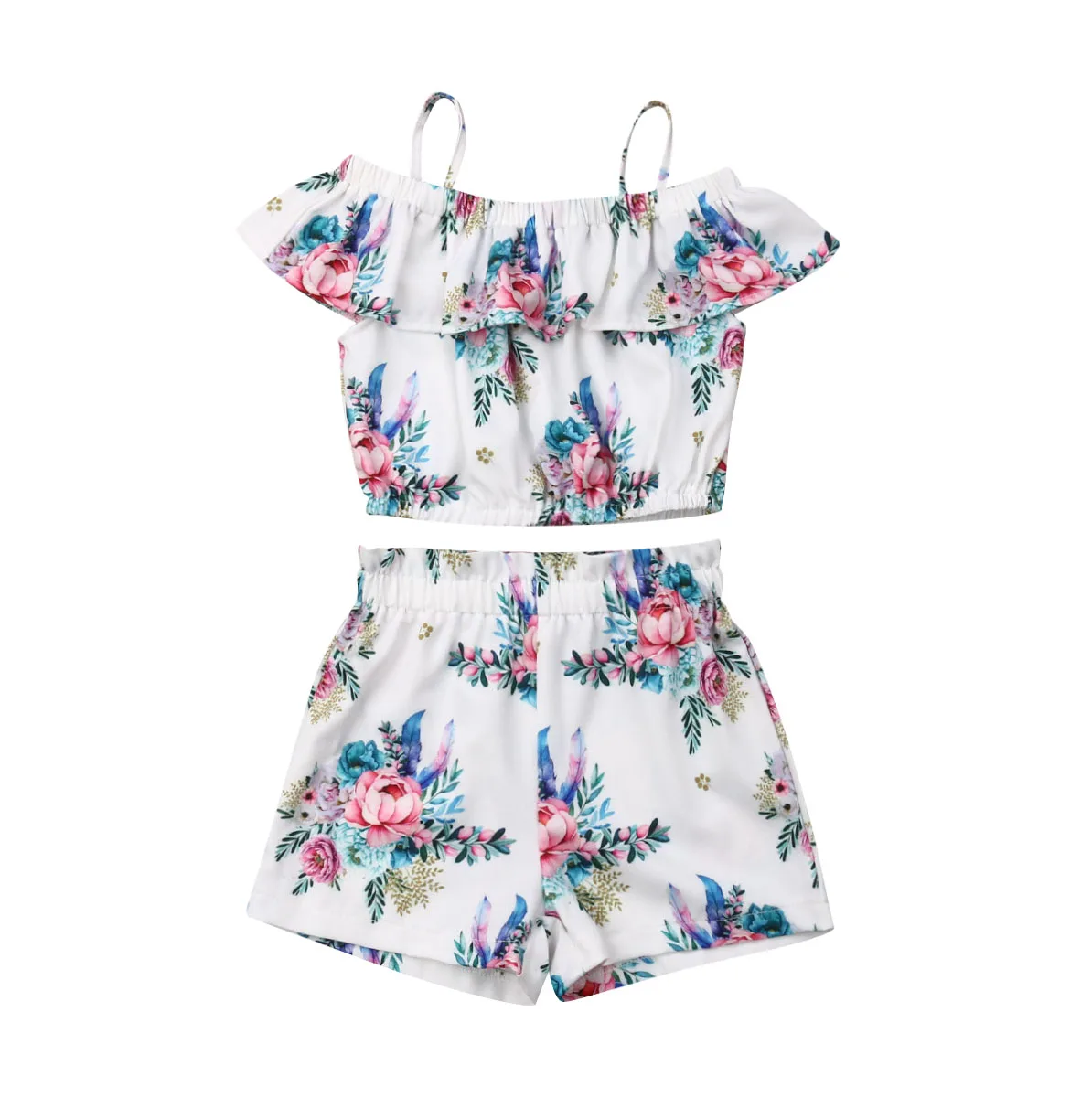 Summer 2-6Years 2PCS Toddler Kids Girls Summer Clothes Flower Ruffle Tops Shorts Pants Outfits