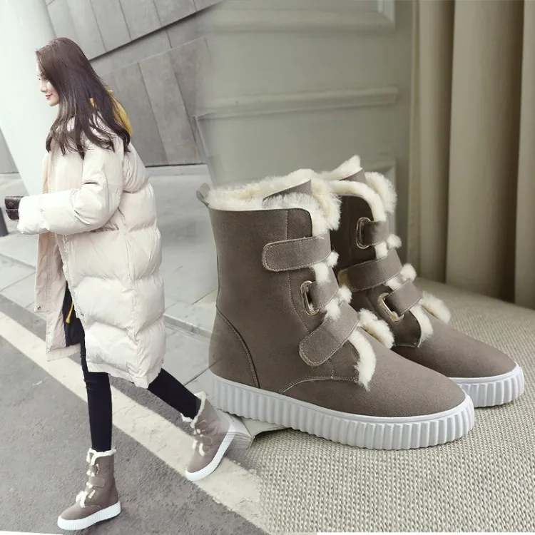 

2018 Winter New Style Genuine Leather Wool One-piece Snow Boots Women's round-Toe Martin Boots Flat Warm Ankle Boots