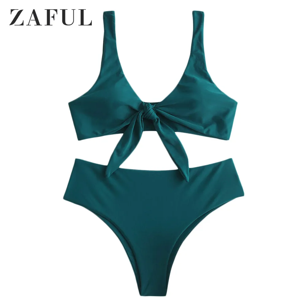 

Zaful Padded Front Knot Bikini Set Solid color Female Swimsuit