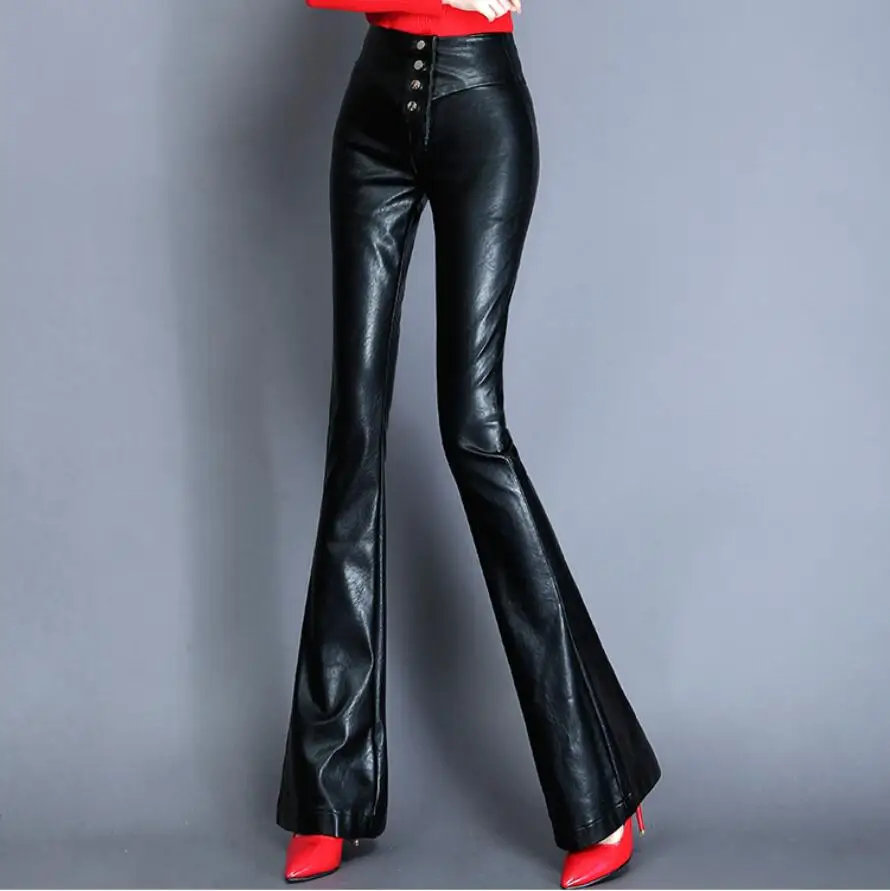 Женские брюки-клеш из искусственной кожи с высокой талией, женские брюки из искусственной кожи, сексуальные узкие брюки из искусственной кожи, повседневные женские брюки