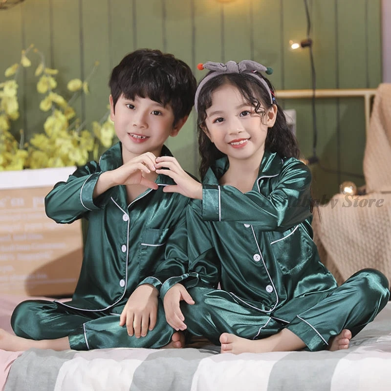 Pajamas Sets Children Pajamas Kids Clothes Sets Kids Satin Pajama Sets Pink Gold Silk Long Sleeve Top Pants Pijama Baby Girl Sleepwear Child Boys Pyjamas Autumn