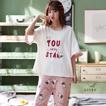 

Pajama Sets For Women 2 Pcs Short Sleeve Long Pants Cotton Good Quality Pyjamas Summer Autumn Home Wear Female Night Sleepwear