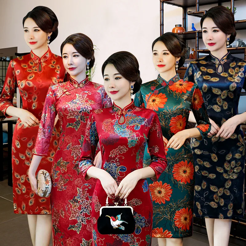Бордовое осенне-зимнее винтажное женское китайское традиционное тонкое китайское классическое женское платье-Ципао с воротником-стойкой