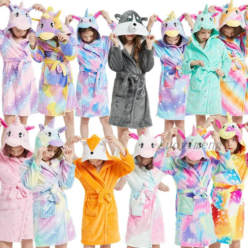 Winter Animal Bathrobe For Boys Girls Unicorn Hooded Robes Towel Beach Kids Sleepwear Children's Clothes Kids Pyjamas Nightgown