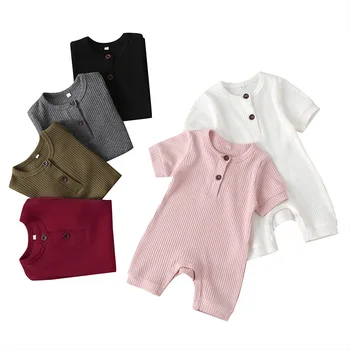 

2020 New Design Solid Stripe Covered Button Cotton Baby Girl Clothes Romper